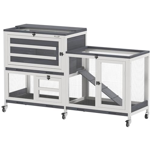 PawHut Kaninchenstall Kaninchen-Innenstall auf 2 Ebenen mit Rollen, 2 aufklappbare Etagen, 3 Kunststoff-Etagen, Holzstall für 2-3 Kaninchen, Meerschweinchen, 147 x 45 x 89,5 cm, grau PawHut Kaninchenstall Kaninchen-Innenstall auf 2 Ebenen mit Rollen, 2 aufklappbare Etagen, 3 Kunststoff-Etagen, Holzstall für 2-3 Kaninchen, Meerschweinchen, 147 x 45 x 89,5 cm, grau von PawHut