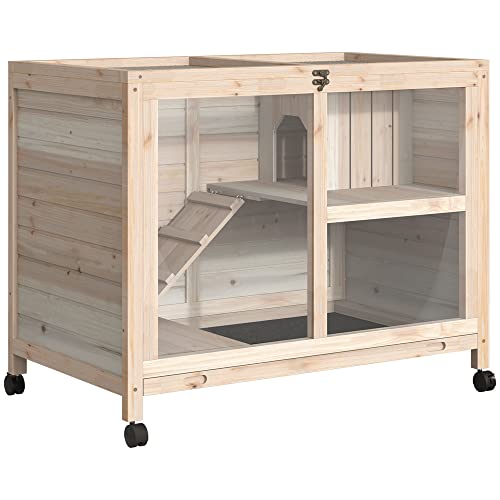 PawHut Kaninchenstall aus Holz Hasenstall mit 2 Etagen Freilaufgehege Rädern Klappdach Rampe Tablett, Winterfest Meerschweinchenstall Kleintierstall Kaninchenkäfig für Innen, 91,5 x 53,3 x 73 cm Natur von PawHut