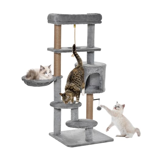 PawHut Katzen Kratzbaum 120 cm Katzenbaum mit Korb, Katzenhöhle, Spielball, Indoor Kletterturm mit Bett, Jutestamm, Kratzmöbel für Katzen bis 5 kg, Hellgrau von PawHut