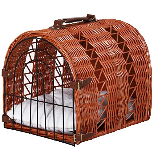 PawHut Katzen Transportkorb aus Weide geflochten Korbhöhle mit Kissen Gitter für Transport Katzen Hunden Braun Metall 42 x 35 x 37 cm von PawHut