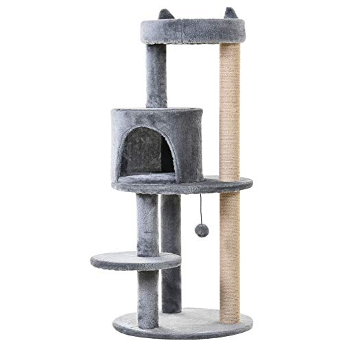 PawHut Katzenbaum 4-Stock Katzenhöhle Katzenhaus mit Spielbällen Sitzstange Sisalsäule und Kratzbrett groß stabil luxuriös Sisal Plüsch Grau 48x48x104 cm von PawHut