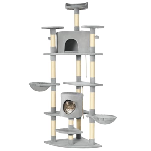 PawHut Kratzbaum 200 cm Katzenturm mit Höhle, 2 Spielball, Sisalstämme, Plattform, Hängenmatte, mehrstöckiger Katzenkratzbaum, Kletterbaum, für große Katzen, Hellgrau von PawHut
