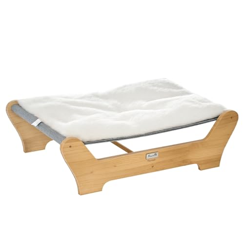 PawHut Katzenbett mit Gestell Hängematte für Katzen erhöhtes Katzennest mit weichem Kissen Kiefernholz Natur 68 x 43 x 20 cm von PawHut