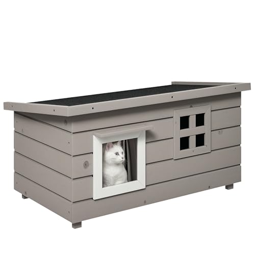 PawHut Katzenhaus Katzenhütte mit Asphaltdach Katzenhöhle Kleintierhaus mit Fenster für Katzen Hunde Outdoor Winterfest Tannenholz Grau Schwarz 87 x 52 x 44 cm von PawHut