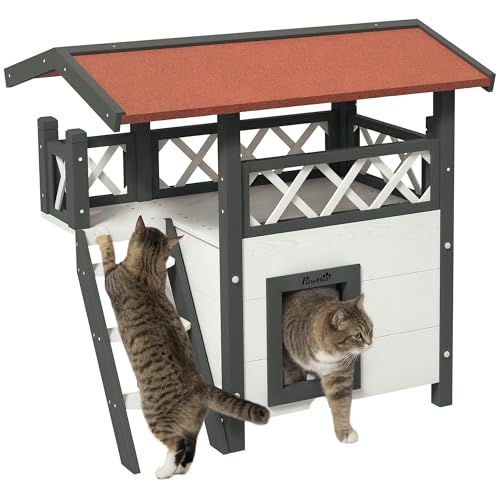 PawHut Katzenhaus mit Asphaltdach, 2-stöckig, Katzenhütte mit Balkon, Katzenvilla mit Treppe, Massivholz, Weiß, 77 x 50 x 73 cm PawHut Katzenhaus mit Asphaltdach, 2-stöckig, Katzenhütte mit Balkon, Katzenvilla mit Treppe, Massivholz, Weiß, 77 x 50 x 73 cm von PawHut