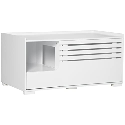 PawHut Katzenklo-Schrank Katzenhaus mit Magnettür Trennwand Katzentoilette Katzenschrank für Katzen Beistelltisch Katzenhöhle 90 x 48 x 42,5 cm Weiß von PawHut