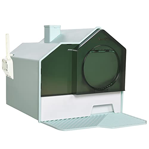 PawHut Katzentoilette Katzenklo mit Bodenwanne, Schaufel, Filter, Toilette mit Haube für Katzen bis 8 kg, ABS, Kunststoff, Hellblau 47 x 45 x 42 cm von PawHut