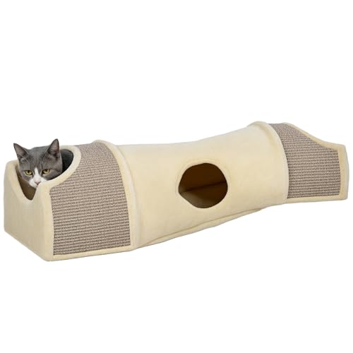 PawHut Katzentunnel, Katzenspielzeug mit 2 Häuschen, 3 Öffnungen, Faltbarer Spieltunnel aus Sisal, Plüsch, Kombiniertes Design, Beige+Grau, 107 x 38 x 29 cm PawHut Katzentunnel, Katzenspielzeug mit 2 Häuschen, 3 Öffnungen, Faltbarer Spieltunnel aus Sisal, Plüsch, Kombiniertes Design, Beige+Grau, 107 x 38 x 29 cm von PawHut