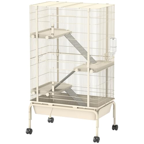PawHut Freigehege Kleintiergehege mit 3 Rampen, ausziehbarem Tablett Kleintierkäfig mit Futterschale, Wasserflasche Gehege für Kleintiere, Hamster, Chinchilla, Eichhörnchen, 69 x 44 x 120 cm Beige von PawHut