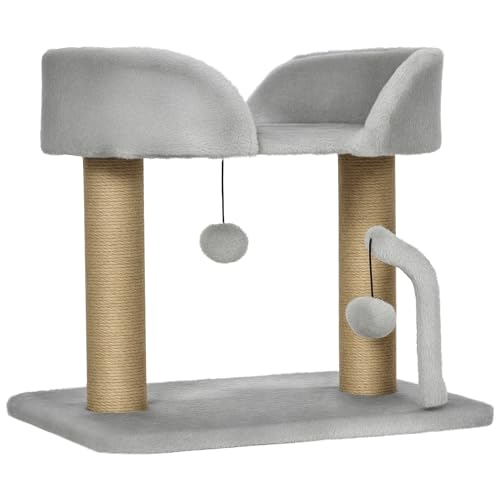 PawHut Kratzbaum Design mit 2 Pompons zum Aufhängen, 2 Sisalpfosten + Plattform aus Plüsch – 48 x 38 x 42 cm – Grau von PawHut