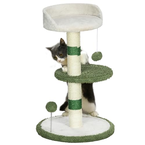 PawHut Kratzbaum Klein 64 cm Runder Katzenbaum mit Liegefläche, Spielball, Sisal- Katzenkratzbaum, Kletterbaum für Katzen bis zu 4 kg, Katzenmöbel, Weiß, Grün von PawHut