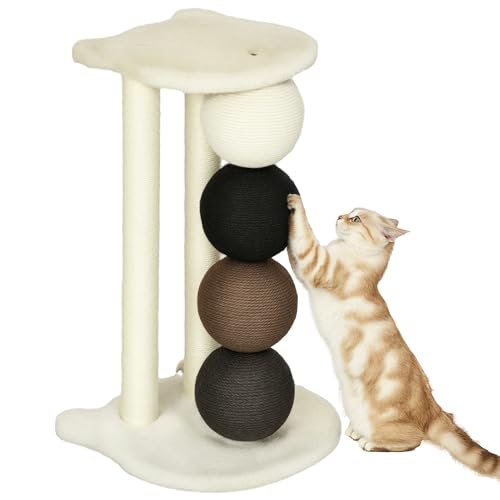 PawHut Kratzsäule für Katzen, Katzenkratzbaum Kratzbaum mit Plattform, Kratzstamm mit 2 Sisalpfosten und 4 Sisalbällen, Katzenkratzer Spielzeug, 38 x 38 x 64 cm von PawHut