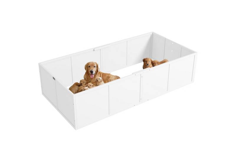 PawHut Laufgitter Wurfkiste für Welpen mit verstellbaren Eingängen (Welpenauslauf, 1-tlg), für kleine bis große Hunde, 196 x 96 x 48 cm, Tannenholz, Weiß von PawHut