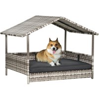 PawHut Rattan Hundehaus Hundebett mit Kissen Hausform Outdoor Hundehütte Grau von PawHut