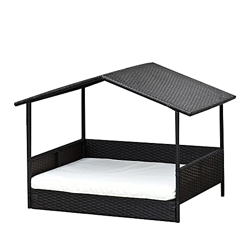 PawHut Rattan Hundehaus mit Kissen, Hundebett im Hausform, Outdoor Hundehütte, Stahlrahmen, PP, Kaffee-Braun, 69 x 98 x 70 cm von PawHut