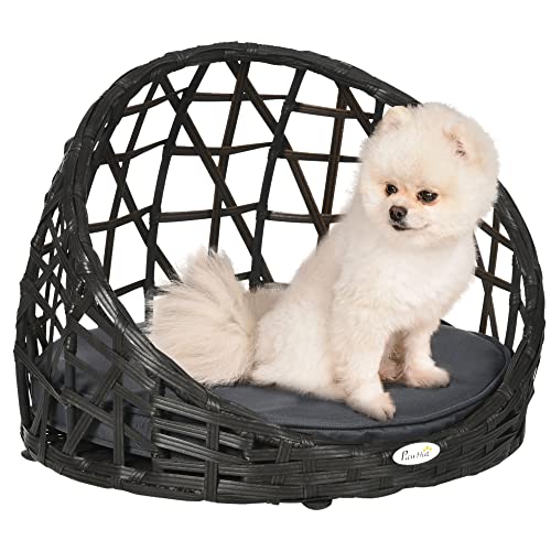 PawHut Rattan Hundehütte, Hundehöhle mit Kissen, Hundehaus, Haustierbett für kleine Hunde, Katzenhaus, Katzenkorb für drinnen und draußen, Rund, Schwarz+Grau, 51 x 51 x 41 cm von PawHut