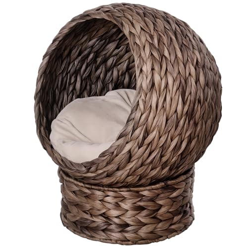 PawHut Rattan Katzenkorb Katzenhöhle Katzenhütte Katzenbett mit Kissen Haustierbett Wasserhyazinthe Kaffee 50 x 42 x 60 cm von PawHut