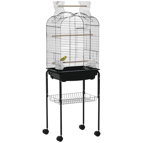 PawHut Vogelkäfig Vogelvoliere auf Rädern mit aufklappbarem Dach 3 Sitzstangen unteres Regal 46 x 36 x 130 cm schwarz von PawHut
