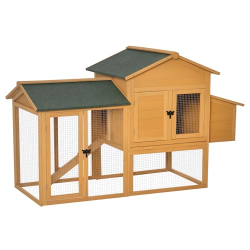 PawHut Zwerghühnerstall Zwerghühnerhaus mit Auslauf Geflügelstall mit Stange Fenster Nistkasten Tannenholz Gelb+Grün 168x75x103 cm von PawHut