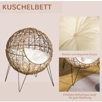 Rattan Katzenkorb Katzenhöhle Katzenhütte Katzenbett mit Kissen erhöhtes Design Haustierbett Braun Ø45 x 57H cm von PawHut