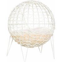Rattan Katzenkorb Katzenhöhle Katzenhütte Katzenbett mit Kissen erhöhtes Design Haustierbett Cremeweiß Ø45 x 57H cm von PawHut