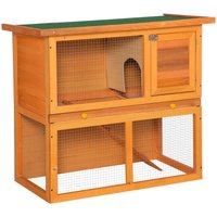 Zwergkaninchenstall doppelstöckig Zwergkaninchenkäfig mit Rampe Kleintierstall Tierstall Outdoor Holz Gelb 90 x 45 x 80 cm von PawHut
