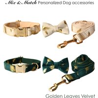 Personalisierte Handgemachte Samt Goldene Blätter Weiß Grünes Hundehalsband, Passende Abnehmbare Fliege, Leine Und Geschirr | Mix & Match Erhältlich von PawID