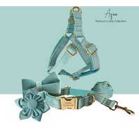 Personalisiertes Graviertes Handgemachtes Aqua Dickes Samt-Hundehalsband Oder Hundehalsband Und Leine-Set, Passende Fliege Blumenschritt Im Geschirr von PawID