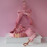 Personalisiertes Graviertes Handgemachtes Rosa Dickes Samt-Hundehalsband Oder Hundehalsband Und Leine-Set, Passende Fliege Blumen-step-In-Geschirr von PawID