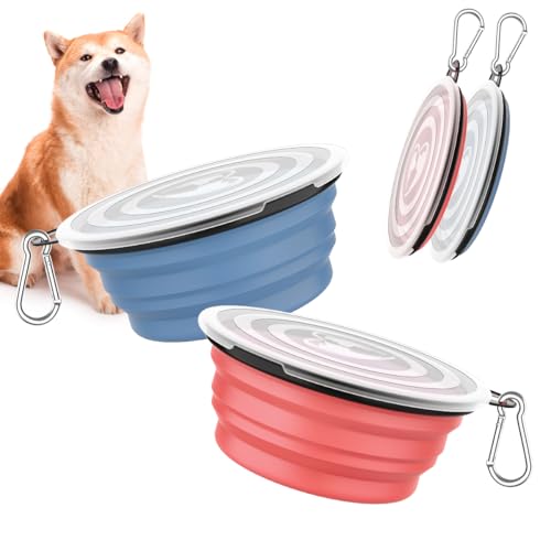 Pawaboo Faltbar Hundenapf, 2 Stück 1000 ml Hund Reisenäpfe Tragbar Silikon Auslaufsicher Trinknapf Fressnapf mit Deckel und Karabiner für Hunde Katzen Spaziergänge Unterwegs, Hellrosa + Blau von Pawaboo