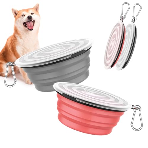 Pawaboo Faltbar Hundenapf, 2 Stück 450ml Hund Reisenäpfe Tragbar Silikon Auslaufsicher Trinknapf Fressnapf mit Deckel und Karabiner für Hunde Katzen Spaziergänge Unterwegs, Hellrosa + Grau von Pawaboo