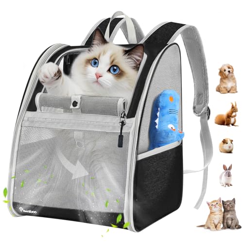 Pawaboo katzenrucksack, hunderucksack für Katzen Hunde Welpen mit Fenster, Haustier Rucksack cat Backpack Dog Backpack mit Atmungsaktivem Mesh für Wandern - Schwarz, Bis 10KG von Pawaboo