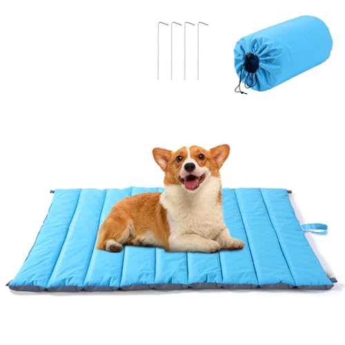 Pawaboo Hundebett Outdoor, Faltbar Wasserdicht Hundematte Haustierbett, 100 x 66 cm Tragbar Outdoor Camping Hundebett für Picknick, Waschbar Hundeplatz mit Baumwolle für Mittelgroß Hunde - Blau, L von Pawaboo