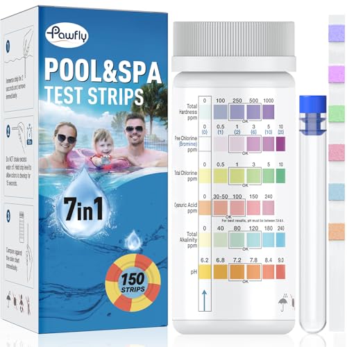 Pawfly 7 in 1 Pool Teststreifen 150 Stück Pool Spa und Whirlpool Teststreifen Schnelle und Genaue Streifen, Poolwasser-Testkit für pH-Wert freies Chlor Gesamtchlor Härte Brom Cyanursäure & Alkalinität Pawfly 7 in 1 Pool Teststreifen 150 Stück Pool Spa und Whirlpool Teststreifen Schnelle und Genaue Streifen, Poolwasser-Testkit für pH-Wert freies Chlor Gesamtchlor Härte Brom Cyanursäure & Alkalinität von Pawfly