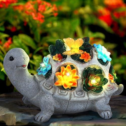 Pawfly Solar Garten Skulpturen Solar Deko Schildkrötendekoration mit Sukkulenten 7 LED Lichtern Resin Schildkrötenfigur Outdoor Solarleuchten für Balkon Terrasse Veranda Rasen Garten von Pawfly