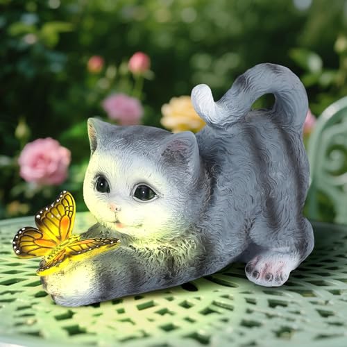 Pawfly Solar Garten Skulpturen Solar Garten Deko Katzen Deko mit Schmetterlingslicht Niedliche Resin Katzenfigur Outdoor Katzenstatue Solarleuchten für Terrasse Balkon Veranda Rasen und Hof von Pawfly