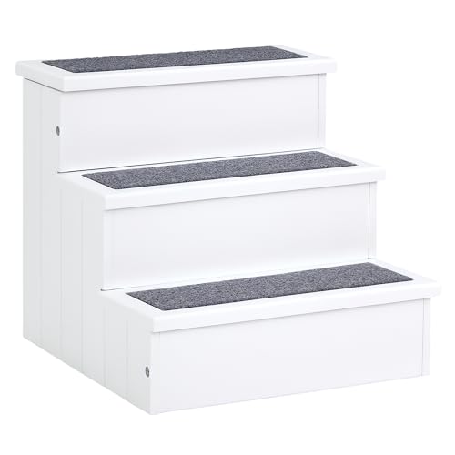 PawHut Hundetreppe 3 Stufen Katzentreppe Haustiertreppe Hundetreppe für Hunde und Katzen Tiertreppe Einstiegshilfe mit Teppich Stauraum für Sofa Bett Tannenholz Weiß 40,5 x 44,5 x 38 cm von PawHut