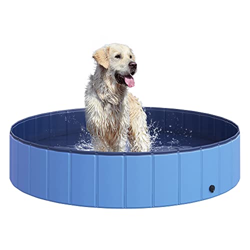 PawHut Hundepool Planschbecken Schwimmbecken Schwimmbad Hundebad, PVC+Holz Blau Φ140x30cm von PawHut