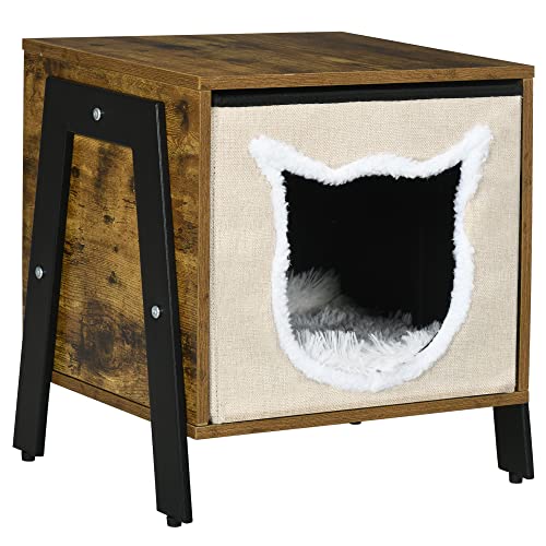 PawHut Katzenhaus Katzenhöhle mit Kissen, Katzenhütte mit Verstellbarer Fuß, Katzenbett für Katzen bis 5 kg, Stahl, Leinen, 41 x 34 x 43,5 cm, Rustikal-Braun von PawHut