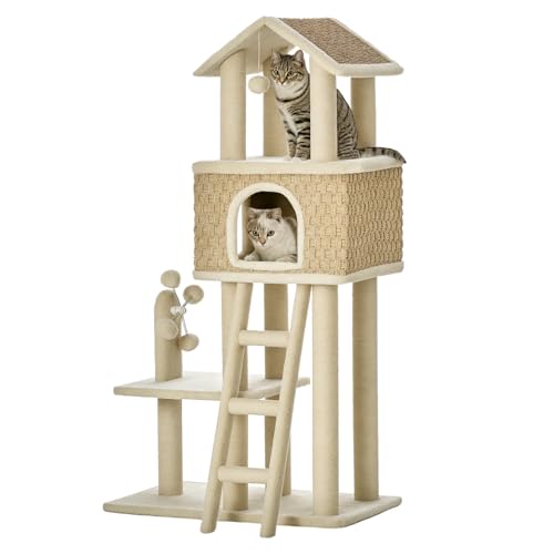 PawHut Kratzbaum Katzenbaum 130H cm Kletterbaum mit Katzenhöhle Spielbälle Jutestämmen großer Plattform Spanplatte Plüsch Khaki+Beige von PawHut