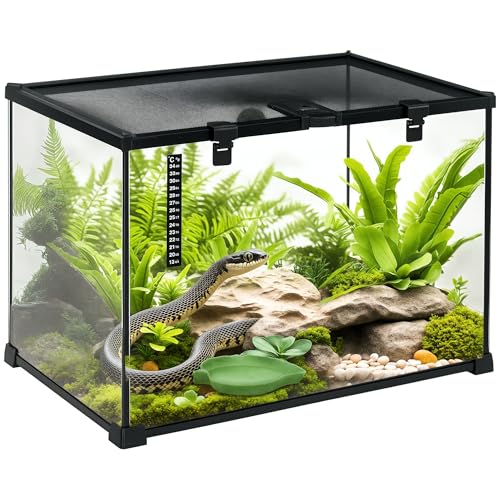 PawHut Terrarium für Reptilien Reptile Fütterungsbox Glasterrarium Amphibien Spinnentiere mit Thermometer Reptilienzuchtbox Metall Schwarz 50 x 30 x 35 cm von PawHut