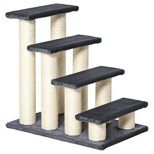 PawHut Tiertreppe Katzentreppe Hundetreppe 4 Stufen Treppe für Katze und Hunde Plüsch Grau 60 x 42 x 61 cm von PawHut