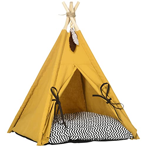 PawHut Tipi-Zelt für Haustiere, Tierbett im Tipi-Design, Katzenzelt mit Kissen, Katzenhaus mit rutschfestem Boden Spielball, Hundebett zum schlafen, Katzenbett, Kiefernholz, Indoor, Gelb von PawHut