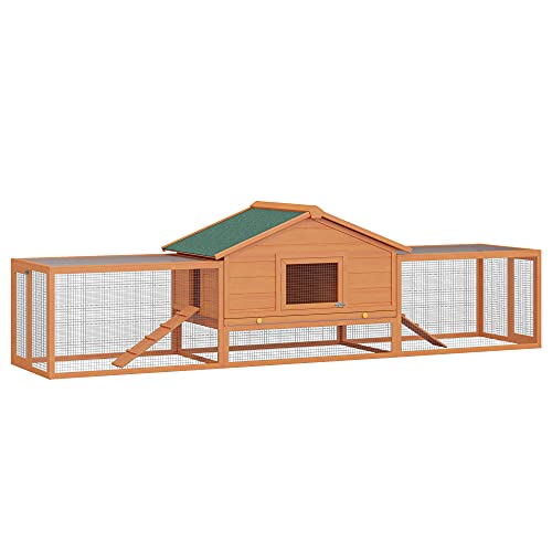 PawHut Kleintierstall Kaninchenstall mit 2 Freigehegen 2 Rampen Kleintierhaus Kleintierkäfig wetterbeständig Tannenholz Natur+Grün 309 x 79 x 86 cm von PawHut