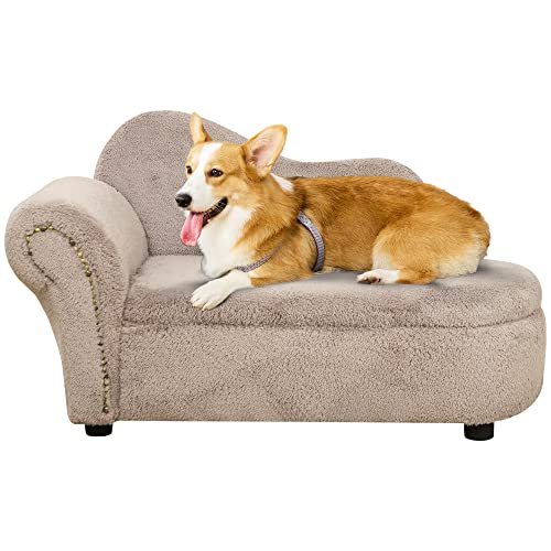 PawHut Hundesofa, Haustiersofa mit Samtoptik, Hundecouch Katzensofa Hundesessel mit Holzbeine, Haustierbett mit Stauraum, Beige, 80 x 40 x 46 cm von PawHut