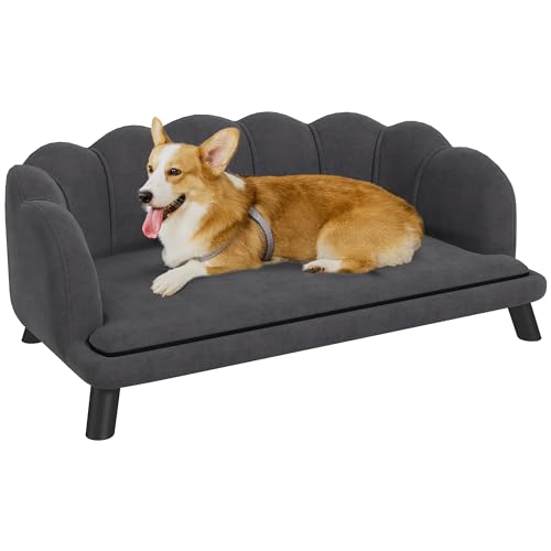 PawHut Hundesofa mit Rückenlehne Haustiersofa mit Holzbeinen Hundebett Weichem Bezug, Katzensofa Dunkelgrau 98,5x60,5x35,5 cm von PawHut