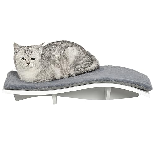 PawHut Katzen Kletterwand Katzenhängematte Katzenbett Wand Katzenregal Wandmontage Katzenmöbel Plüsch MDF Grau+Weiß 53 x 28 x 12 cm von PawHut