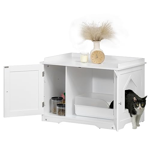 PawHut Katzenschrank für Katzentoilette, Katzenklo mit Magnettüren, Katzenhaus mit verstellbarem Trennwand, Katzenhöhle mit großem Stauraum, Beistelltisch, Weiß, 86 x 48 x 52 cm von PawHut