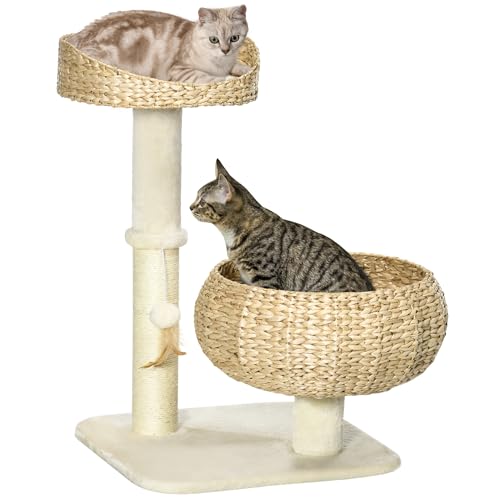 PawHut Kratzbaum, 72 cm, Kletterbaum mit 2 Katzenbetten, Katzenbaum mit Kissen, Spielball und Sisalsäulen, Spielbaum, Katzenkratzbaum, Beige+Cremeweiß von PawHut