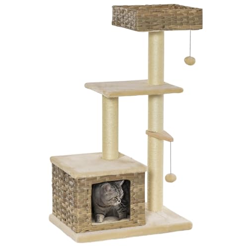 PawHut Rattan Katzenbaum Kratzbaum Kätzchen Möbel mit Katzenhöhle Ballspielzeug Sisal weiche Plüsch PE Höhe 108 cm Braun+Beige von PawHut